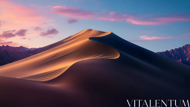 Sunlit sand dune ridge under soft evening sky.