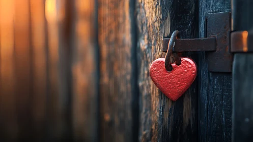A Red Heart Lock Glows Warmly Against Dark Wood