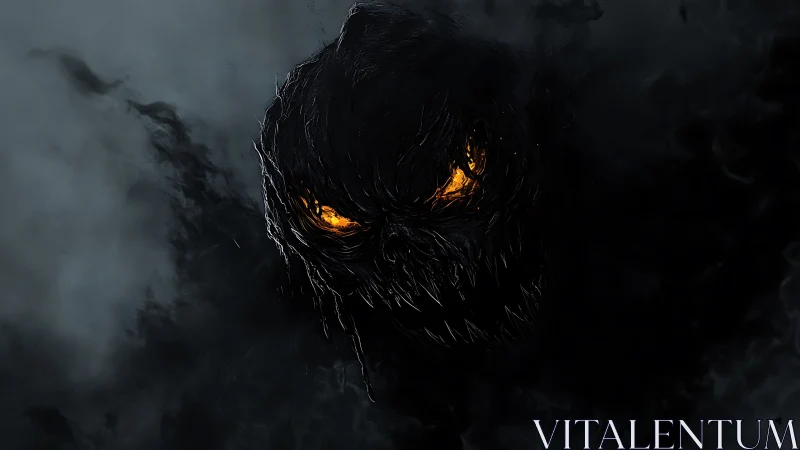 Smoldering shadow creature smiles with eerie fiery eyes