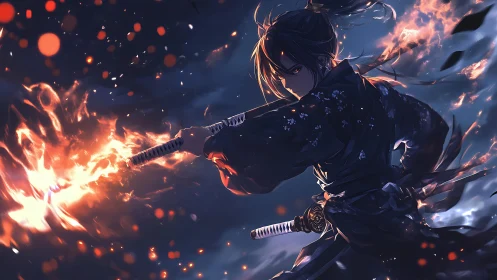 Samurai figure with dual katanas amid controlled fire effects.