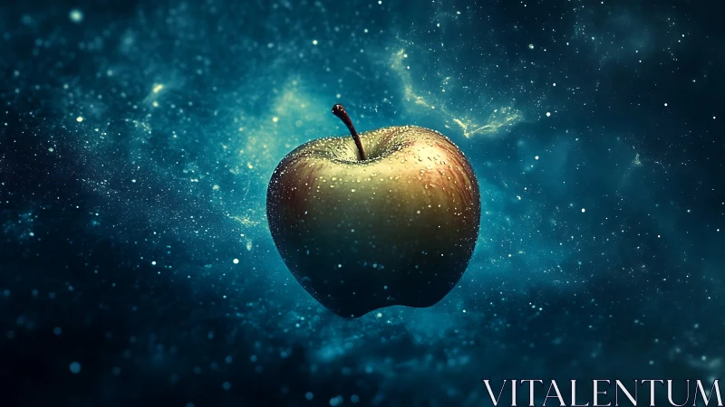 Cosmic apple drifting through starlit turquoise nebulae.