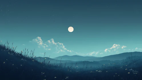 Serene full moon rises above misty blue mountain meadows