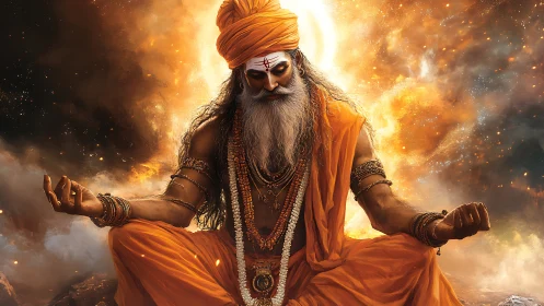 Mystical sage meditates within blazing cosmic aura.