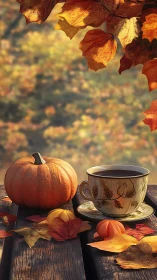 Rustic autumn tea with pumpkin on sunlit wooden table.