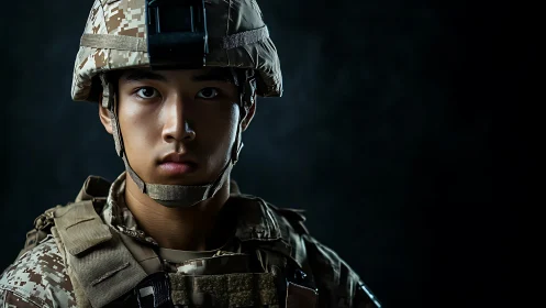 Military portrait with tactical helmet and dark backdrop.