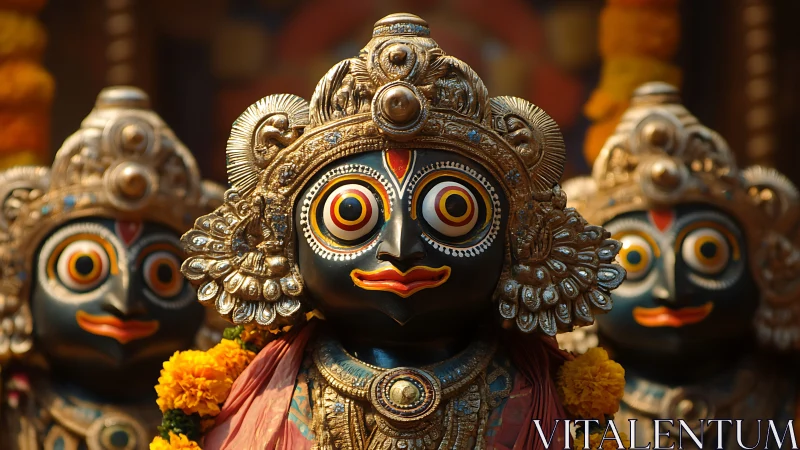 Joyful Jagannath idols glowing in marigold garlands.