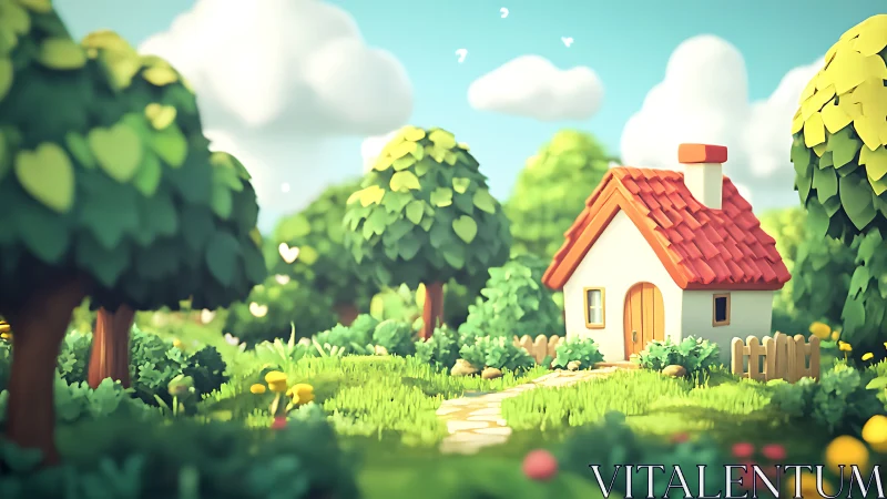 Sunny cottage nestles in lush cartoon forest clearing