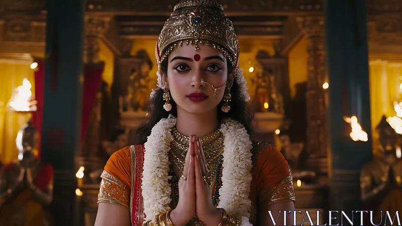 Regal Indian priestess in ornate temple interior at prayer.
