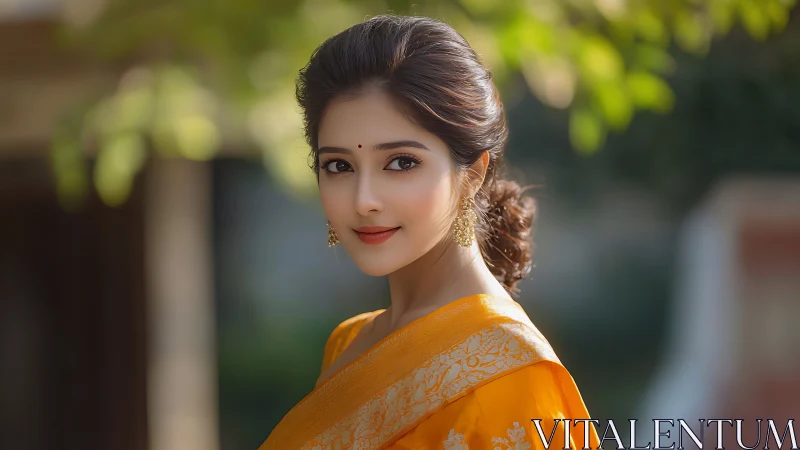 Elegant woman in orange saree with traditional jewelry, natural light.