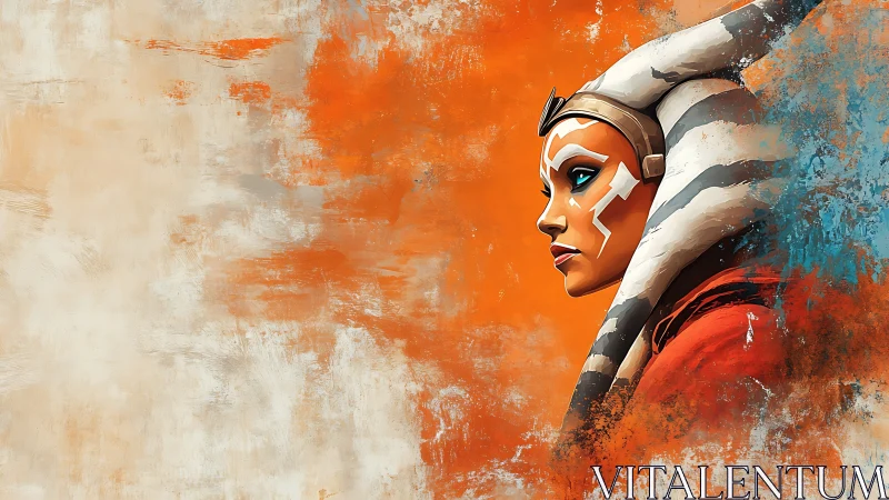 Togruta warrior portrait over bold orange abstract field.