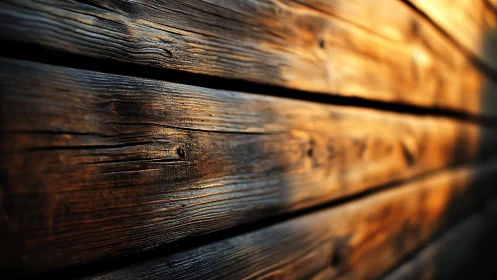 Close-up of rustic wooden planks with warm sunlight, artistic focus.
