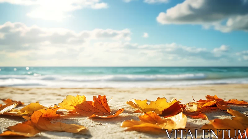 Autumn leaves scattered on a bright sunlit shoreline.