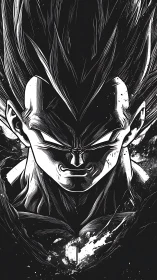 Monochrome manga warrior rendered in high-contrast ink linework