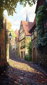 Sunlit cobblestone lane through a cozy storybook village.
