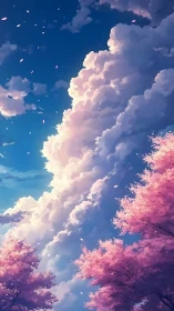 Pink cherry blossoms under towering sunlit cloud sky.