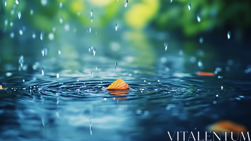 Single orange leaf on blue water under falling rain.