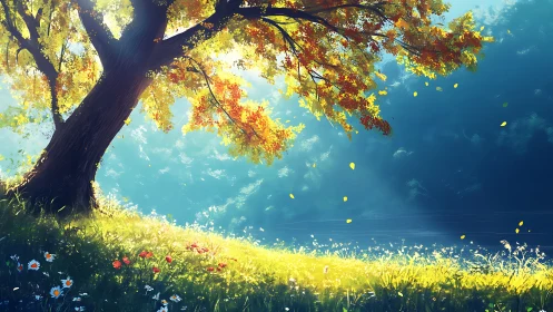 Golden meadow beneath sprawling autumn-lit tree by water.