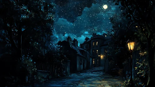Moonlit cobblestone alley humming with secret warm windows.