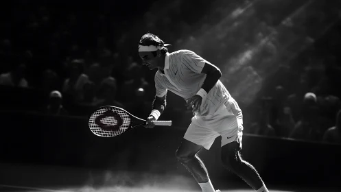 Dramatic black and white spotlight on tennis player mid-match.