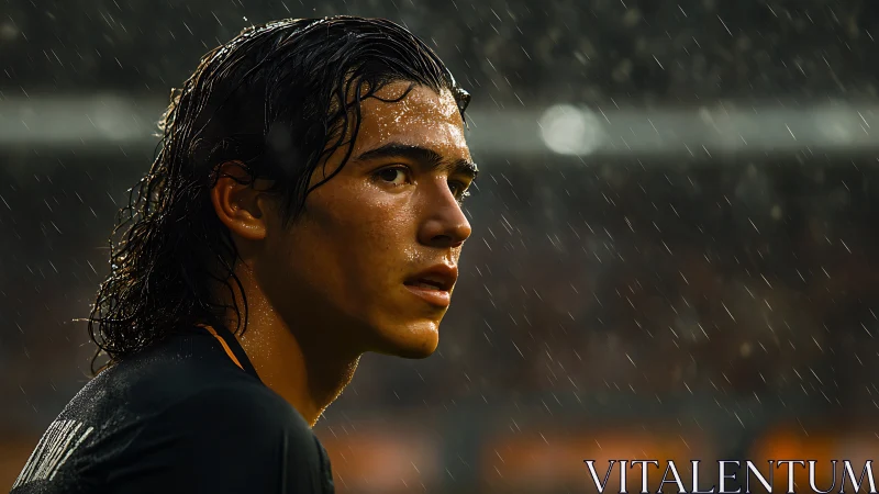Footballer under stadium rain with cinematic sidelighting.