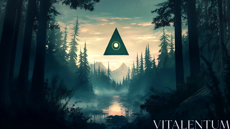 Forest Landscape with Geometric Triangle Symbol