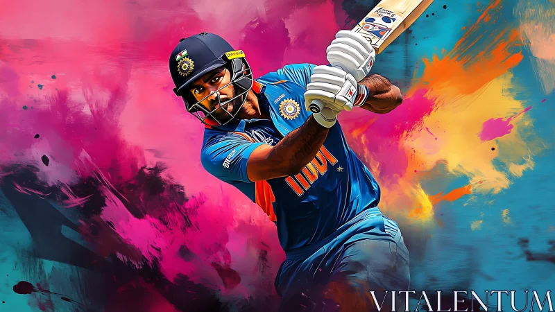 Cricket power shot bursting through bold color clouds.