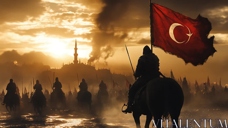 Ottoman cavalry advance under a blazing dawn sky.