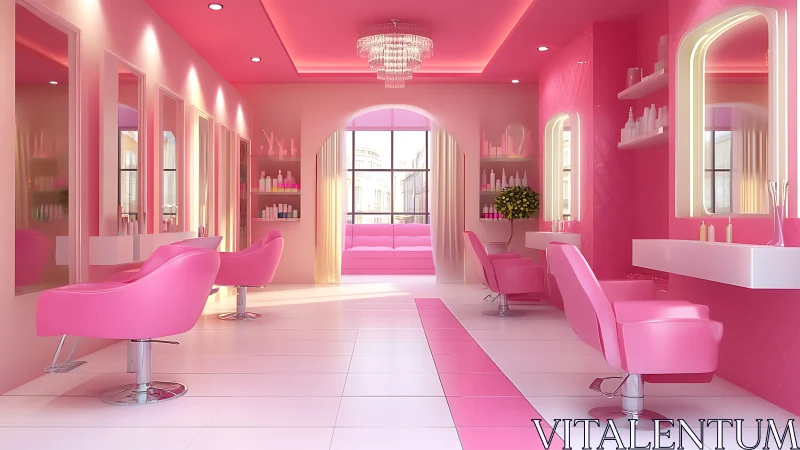 Glamorous pink salon interior with glossy modern seating.