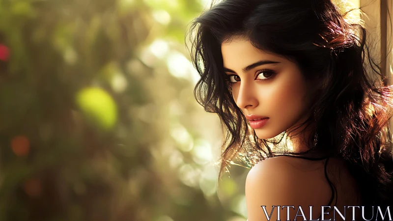 Woman with wavy dark hair in warm outdoor sunlight.