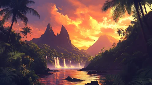 Where Molten Skies Kiss Cascading Waters in Jungle Paradise