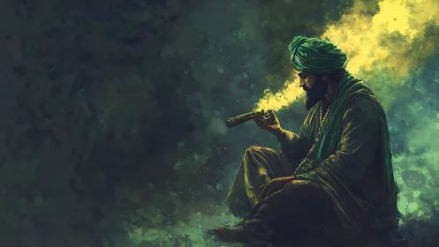 Man in green turban smoking pipe amid yellow glowing smoke.