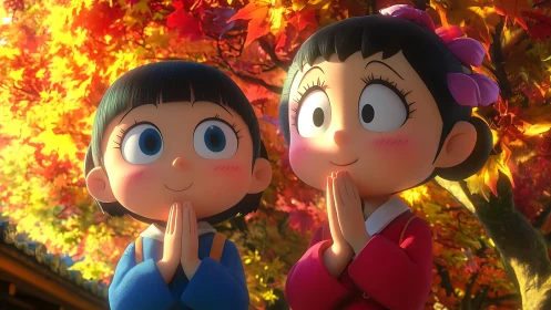 Autumn-lit anime girls share a quiet moment of gratitude.