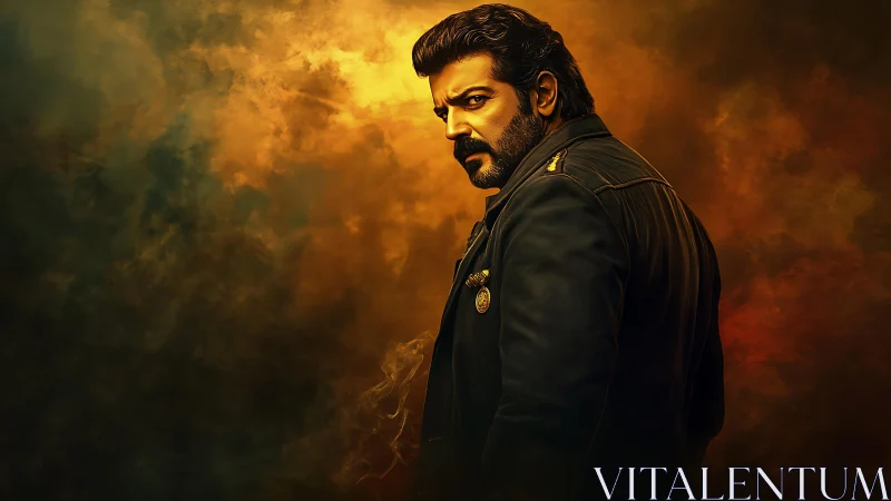 Brooding hero stands in smoky golden battlefield haze