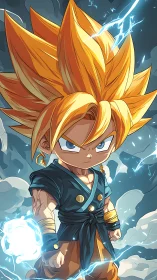 Tiny warrior crackles with power amid swirling blue lightning