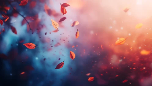 Falling autumn leaves over soft blue and orange background.