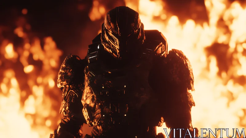 Armored sci fi soldier standing before burning inferno.