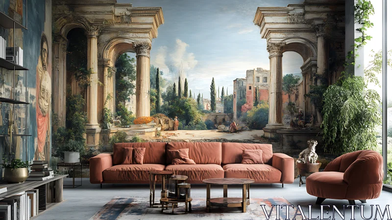 Contemporary lounge with neoclassical ruin mural and terracotta seating.