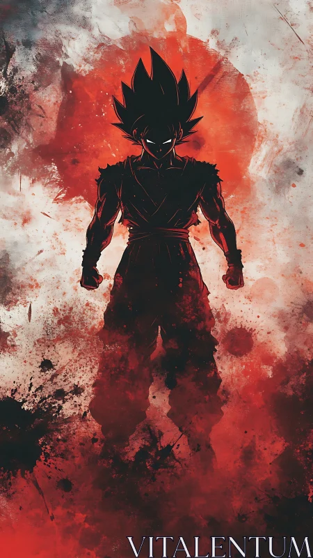 Silhouetted anime fighter in red and black aura focus.