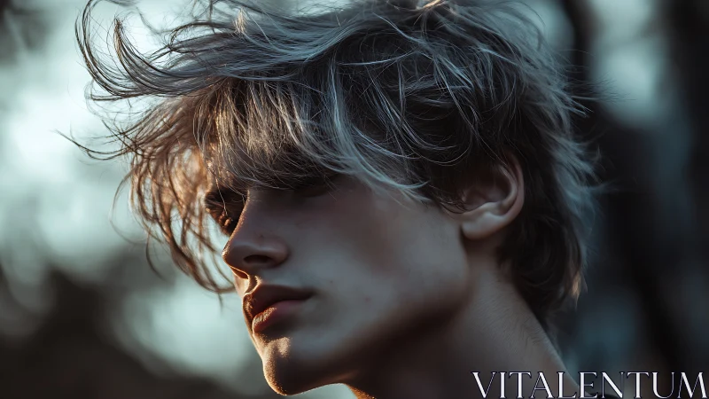 Wind-swept portrait captures a pensive youth at dusk light