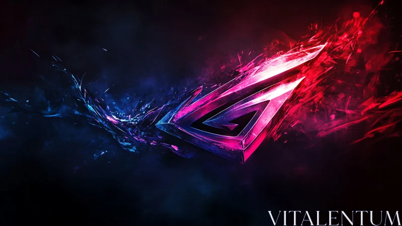 Angular neon emblem in blue and magenta particle field.