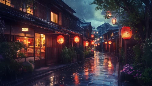 Rain-slick lantern street glows with hushed twilight warmth.