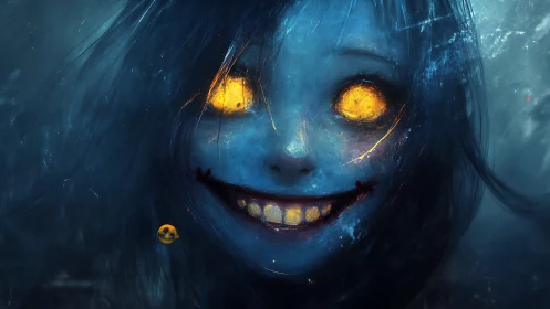 Blue ghostly face with glowing eyes stares directly ahead