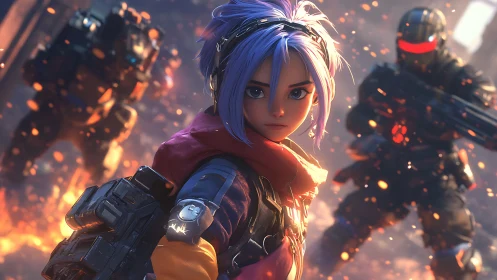 Cyberpunk anime scout in kinetic firefight with armored troopers