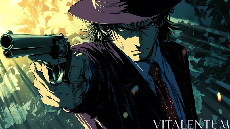 Hard-lit anime gunman extends revolver toward viewer