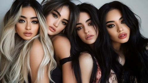 Glamour quartet leans close in lustrous portrait glow.