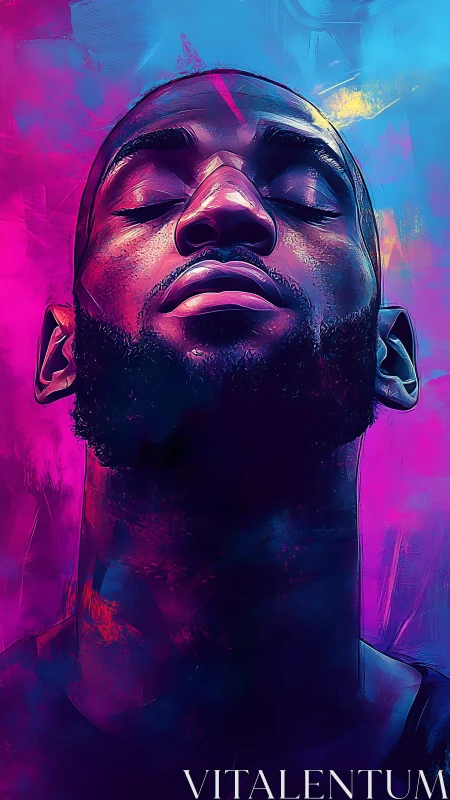 Portrait shows serene man bathed in neon magenta and cyan light