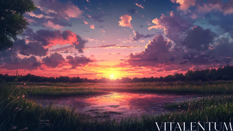 Sunset stitches cotton candy clouds above glassy meadow pond