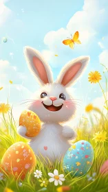 Bright pastel Easter bunny with stylized eggs in meadow scene.