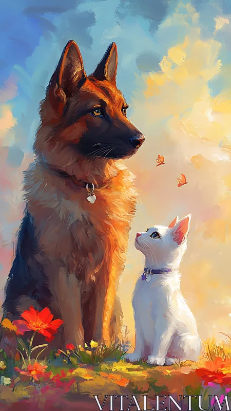 Between Guardians: Where Canine Souls Converge Under Golden Skies.