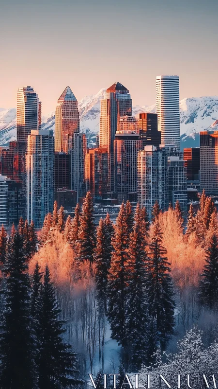 Winter city skyline with sunlit forest and mountains.